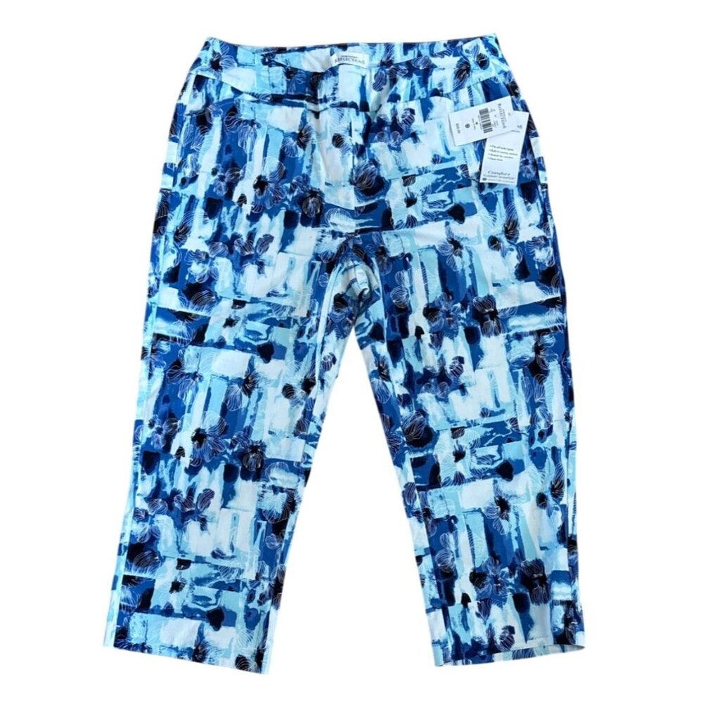 Northern Reflections Capri Pants Wm Med Tummy Shaper Blue Floral Beach Resort